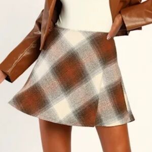 Lulus NWOT Plaid A-Line Skirt in Brown and Cream Size XXL